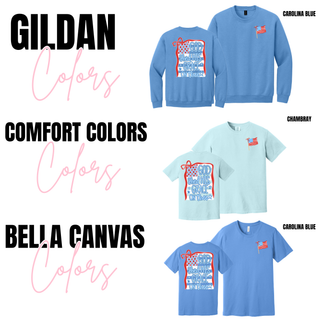 Color swatch showing Gildan carolina blue crewneck, Comfort Colors chambray tee, and Bella Canvas carolina blue tee with front and back design