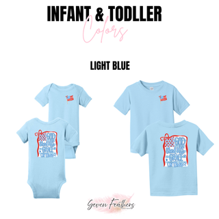 Light blue infant onesie and toddler tee with God Shed His Grace On Thee back graphic and American flag chest logo front and back view