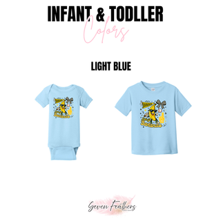 Light blue infant onesie and toddler tee with cartoon pennant mascot design