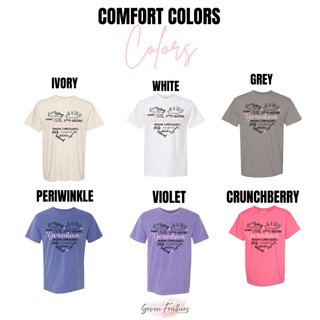 Comfort Colors grandma word heart tee in ivory, white, grey, periwinkle, violet, and crunchberry
