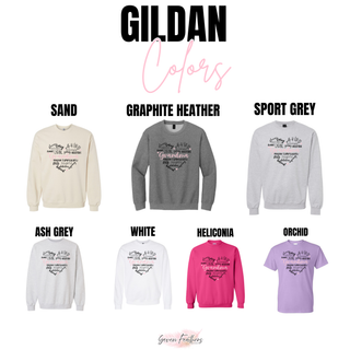 Gildan grandma word heart top in sand, graphite heather, sport grey, ash grey, white, heliconia, and orchid

