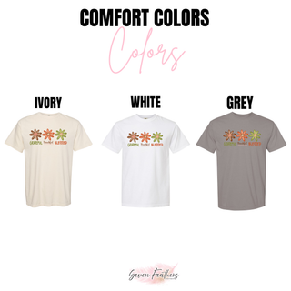 Comfort Colors color options for the Grateful Thankful Blessed design: pepper, white, ivory, and grey