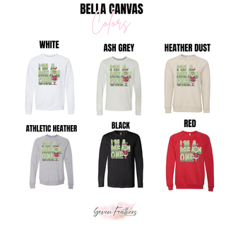 Green Man I'm a Mean One Bella Canvas color chart showing White, Ash Grey, Heather Dust, Athletic Heather, Black, and Red sweatshirts with the graphic