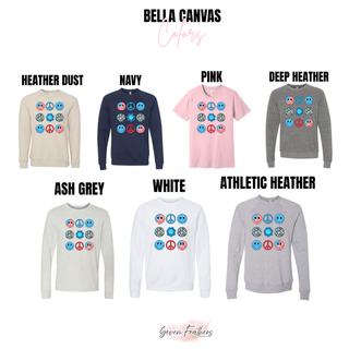 Groovy Peace Love America Bella Canvas color chart heather dust navy pink deep heather ash grey white and athletic heather
