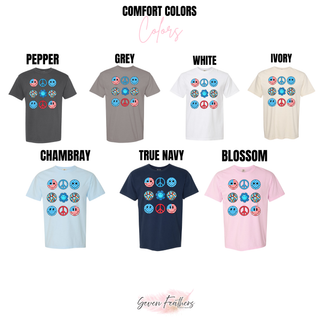 Groovy Peace Love America Comfort Colors tee color chart pepper grey white ivory chambray true navy and blossom
