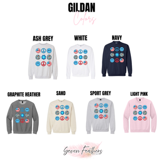 Groovy Peace Love America Gildan crewneck color chart ash grey white navy graphite heather sand sport grey and light pink
