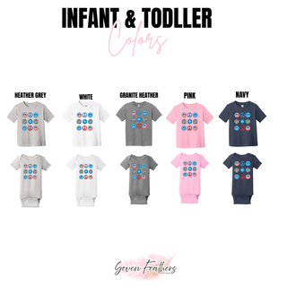 Groovy peace love america infant and toddler color chart heather grey white granite heather pink and navy tees and onesies

