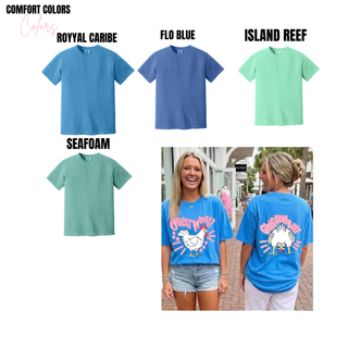 Comfort Colors tee color options in royal caribe, flo blue, island reef, and seafoam
