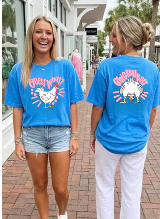 Royal caribe Comfort Colors tee showing Guess What front and Chicken Butt back graphic on two models
