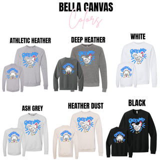 Guess What Chicken Butt Graphic Top Bella Canvas crewnecks in athletic heather, deep heather, white, ash grey, heather dust, and black showing front and back chicken designs