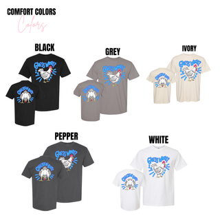 Guess What Chicken Butt Graphic Top Comfort Colors tees in black, grey, ivory, pepper, and white showing front and back chicken designs