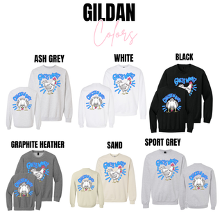 Guess What Chicken Butt Graphic Top Gildan crewnecks in ash grey, white, black, graphite heather, sand, and sport grey showing front and back chicken designs
