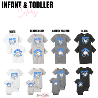 Guess What Chicken Butt Graphic Top infant onesies and toddler tees in white, heather grey, granite heather, and black showing front and back chicken designs