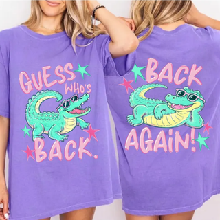 Guess Who's Back alligator graphic top in violet with matching back design

