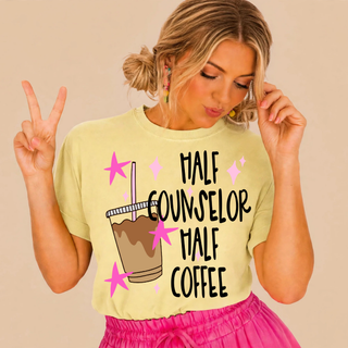 Woman wearing butter yellow half counselor half coffee graphic tee with iced coffee design
