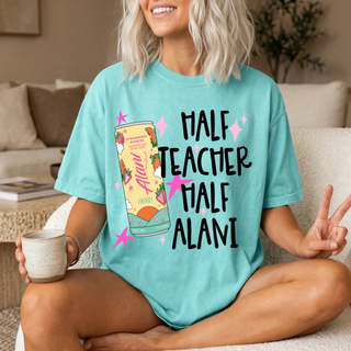 Woman wearing chalky mint half teacher half alani graphic tee with energy drink can design
