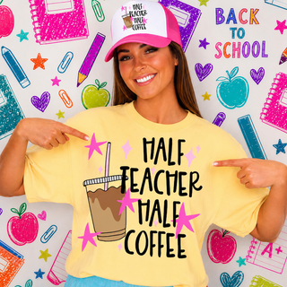 butter adult graphic tee with half teacher half coffee text and iced coffee graphic, model wearing matching trucker hat back to school background
