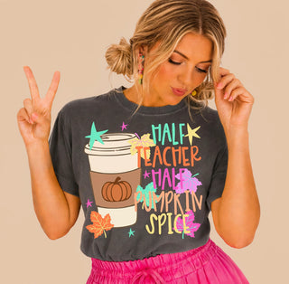 Pepper adult Half Teacher Half Pumpkin Spice Comfort Colors graphic tee with pumpkin spice latte