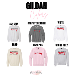 Gildan color options for the Have Yourself A Merry Little Christmas design: ash grey, graphite heather, white, sand, light pink, and sport grey