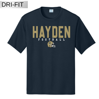 Navy Hayden Football Block Helmet Dri-Fit performance top with gold and white logo
