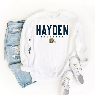 White Hayden Football Block Helmet crewneck sweatshirt styled with jeans and sneakers
