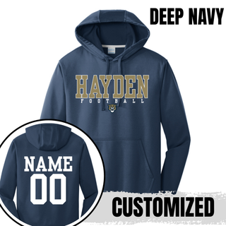 Deep navy Port and Co performance fleece hoodie with customizable back name and number
