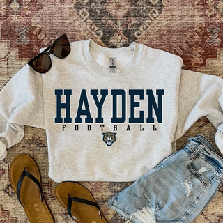Hayden Football Classic top in ash grey crewneck styled with sunglasses and denim shorts
