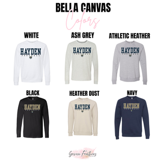 Hayden Football Classic top Bella Canvas colors shown in white, ash grey, athletic heather, black, heather dust, and navy
