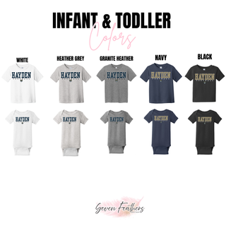 Hayden Football Classic top infant and toddler colors shown in white, heather grey, granite heather, navy, and black
