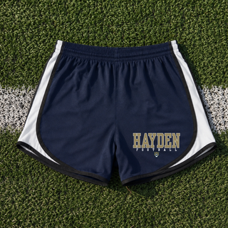 Hayden Football Classic womens cadence short in navy and white flat lay on turf background
