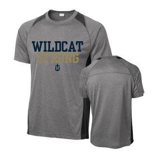 heather grey and black colorblock contender tee with Wildcat Strong lettering, front and back view
