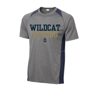 heather grey and navy colorblock contender tee with Wildcat Strong lettering, front view product shot
