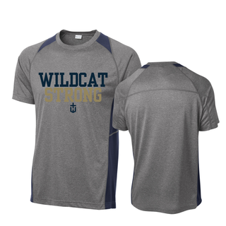 heather grey and navy colorblock contender tee with Wildcat Strong lettering, front and back view

