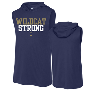 Hayden Wildcats Wildcat Strong true navy sleeveless hoodie shown front and back with hood detail
