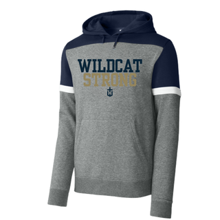Hayden Wildcats Wildcat Strong pullover hoodie in navy and grey colorblock with gold strong lettering
