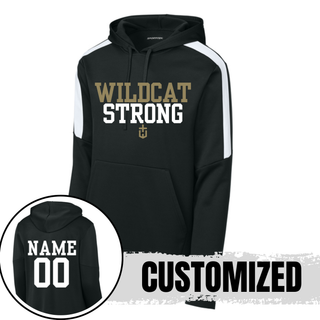 black fan favorite hoodie with wildcat strong front design and personalized name and number on back
