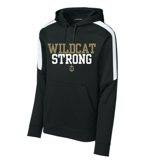 black and white fan favorite hoodie with wildcat strong lettering, front view product shot
