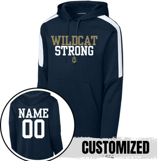 navy fan favorite hoodie with wildcat strong front design and personalized name and number on back
