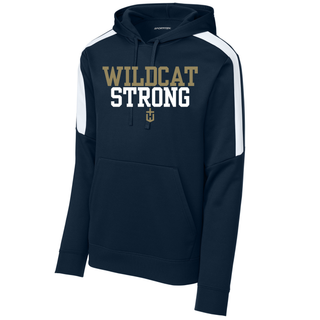 navy and white fan favorite hoodie with wildcat strong lettering, front view product shot
