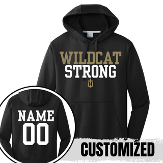 black performance hoodie with wildcat strong front design and personalized name and number on back

