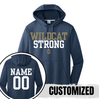 navy performance hoodie with wildcat strong front design and personalized name and number on back
