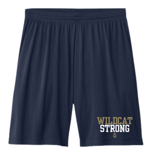 navy performance short with wildcat strong lettering on leg, flat lay
