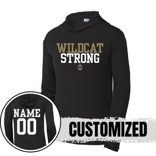 black posicharge competitor hoodie with wildcat strong front design and personalized name and number on back
