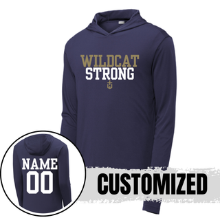 navy posicharge competitor hoodie with wildcat strong front design and personalized name and number on back
