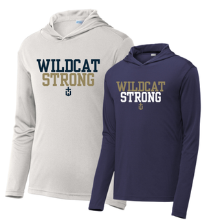 silver and navy posicharge competitor hoodie with wildcat strong lettering, color lineup
