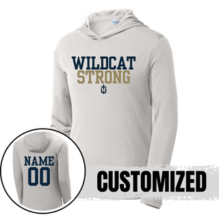 silver posicharge competitor hoodie with wildcat strong front design and personalized name and number on back
