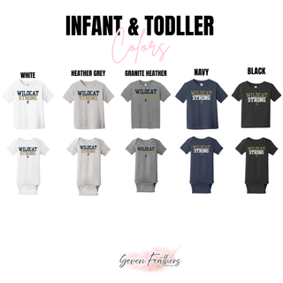 infant onesie and toddler tee in white heather grey granite heather navy and black with wildcat strong design, color chart
