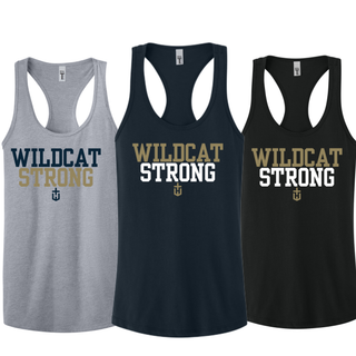 Hayden Wildcats Wildcat Strong womens racerback tanks in heather grey, navy, and black with gold and white strong lettering
