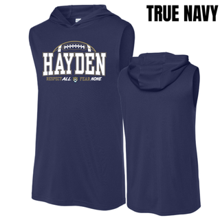 True navy Sport-Tek Competitor sleeveless hoodie front and back view with Respect All Fear None graphic
