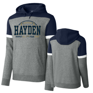 Grey and navy Sport-Tek Drive Fleece colorblock hoodie front and back view with Hayden Wildcats Arch design
